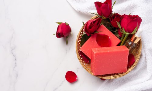 Rose handmade soap on marble background